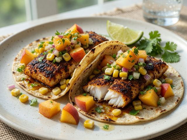 Blackened Fish Tacos with Peach-Corn Salsa
