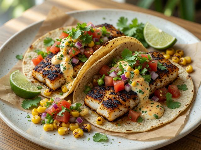 Blackened Fish Tacos with Street-Corn Crema & Heirloom Pico