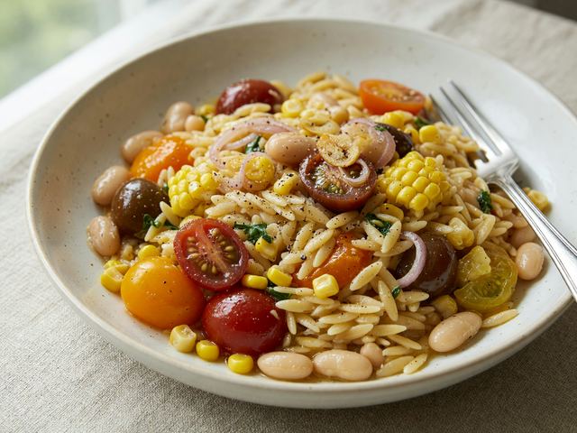 Burst Heirloom Tomato & Corn Orzo with White Beans