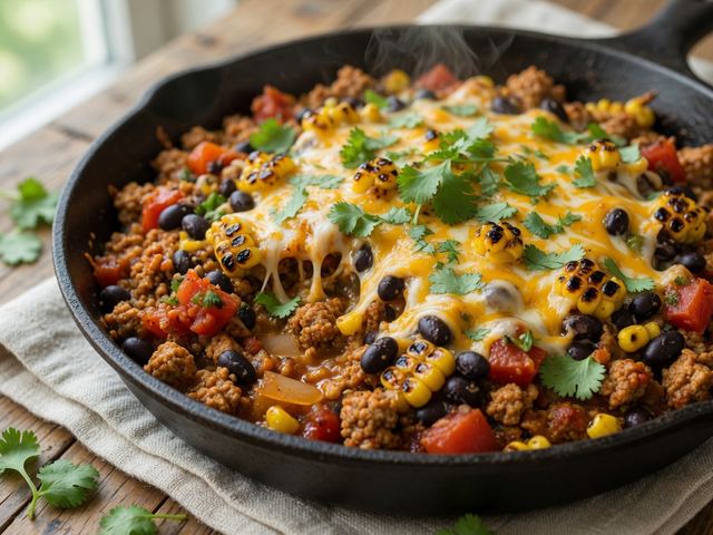 Cheesy Ground Turkey Taco Skillet with Charred Corn and Black Beans