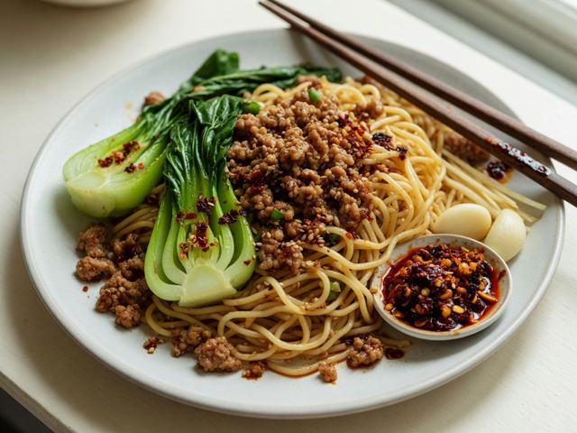 Chili Crisp Ground Pork Noodles with Bok Choy