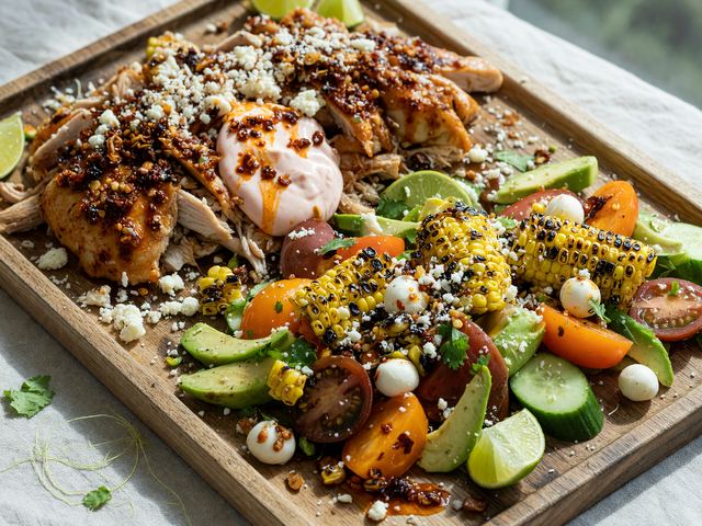 Chili-Crisp Rotisserie Chicken Boards with Charred Corn & Tomato Salad