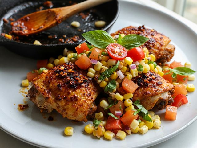 Chili-Crisp Skillet Chicken with Fresh Corn Heirloom Relish