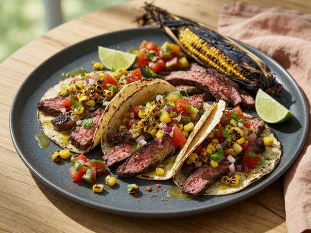 Chili-Lime Grilled Flank Steak Tacos with Charred Corn Pico