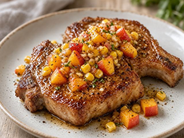 Corn & Peach Glazed Pork Chops