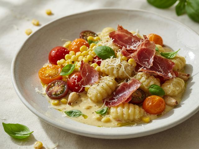 Creamy Fresh-Corn & Burst Tomato Gnocchi with Crispy Prosciutto