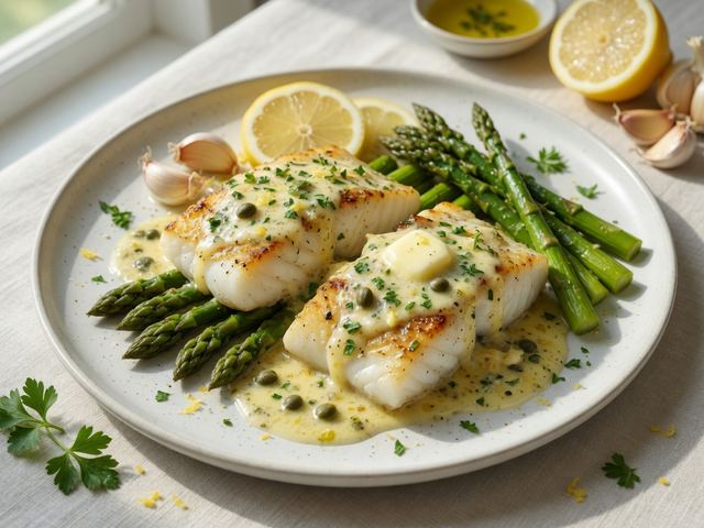 Creamy Lemon Garlic Butter Cod with Asparagus