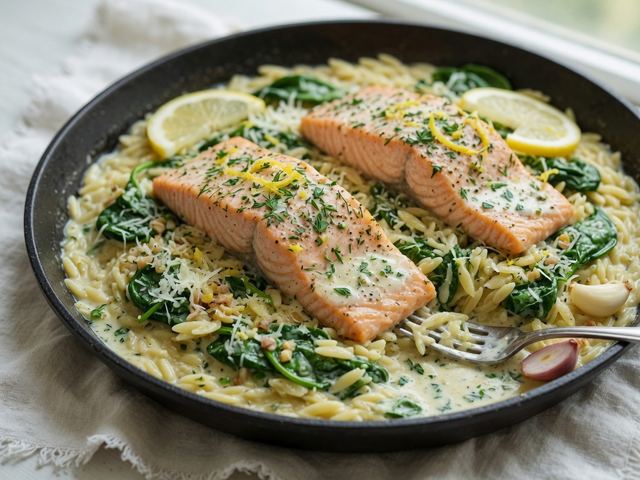 creamy lemon-herb salmon orzo skillet