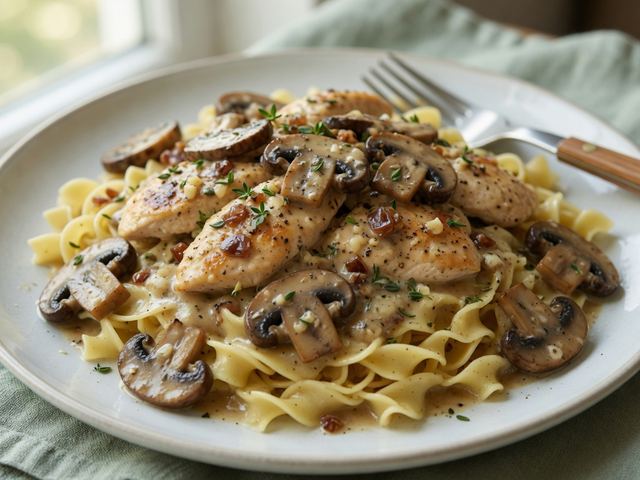 Creamy Mushroom Chicken Marsala over Egg Noodles