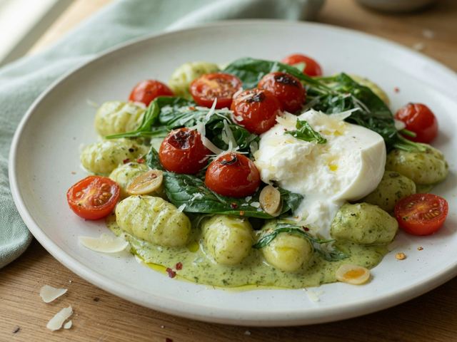Creamy Pesto Gnocchi with Cherry Tomatoes and Burrata