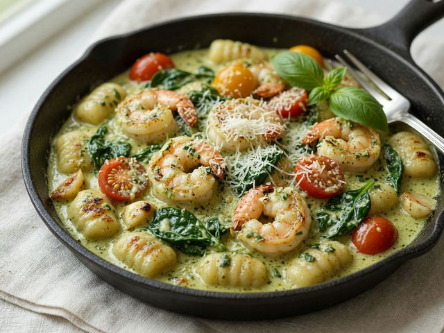 Creamy Pesto Shrimp Gnocchi Skillet