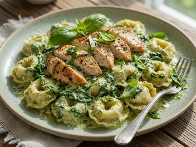 Creamy Pesto Tortellini Skillet with Chicken and Spinach