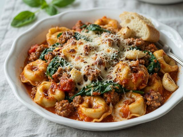 Creamy Tomato Tortellini Bake with Italian Sausage
