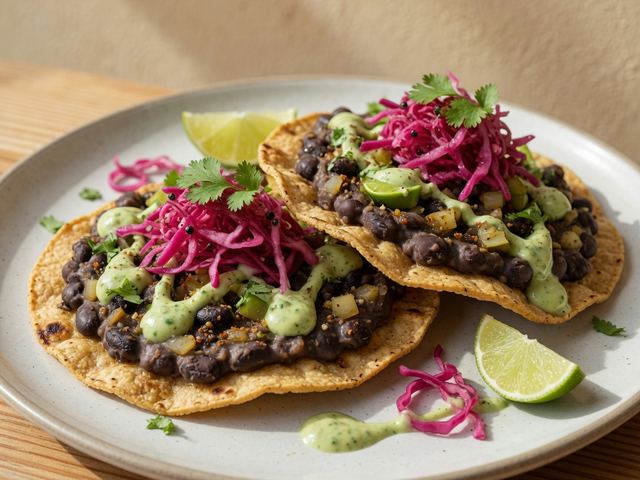 Crispy Black Bean Tostadas with Avocado Crema and Quick Pickled Cabbage