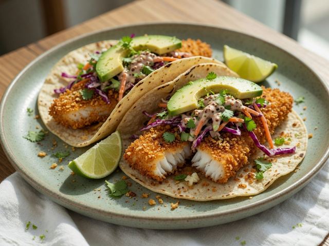 Crispy Fish Tacos with Chipotle-Lime Slaw and Avocado
