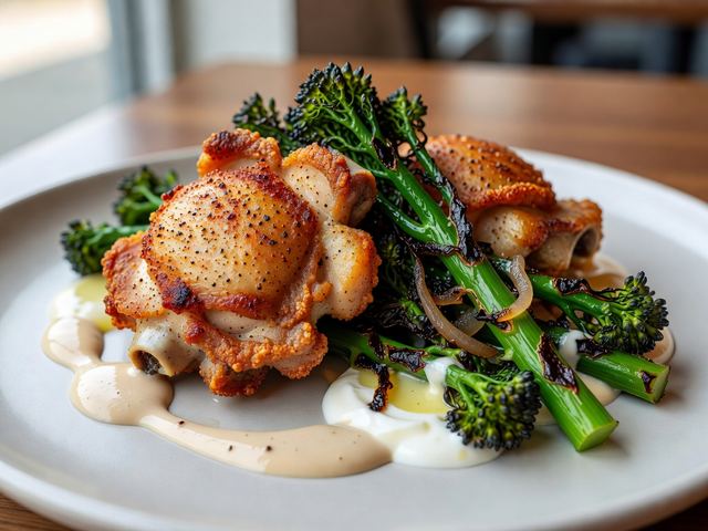 Crispy Five-Spice Chicken Thighs with Charred Broccolini & Tahini Yogurt
