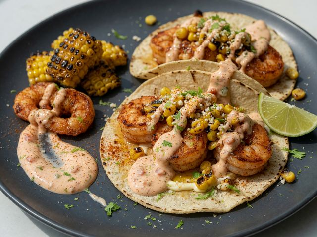 Elote-Spiced Shrimp Tacos with Heirloom Tomato Crema