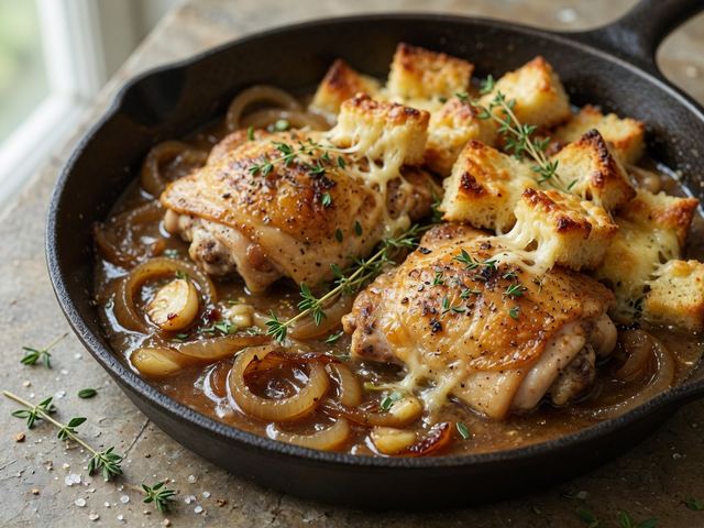 French Onion Chicken Skillet with Gruyère Croutons