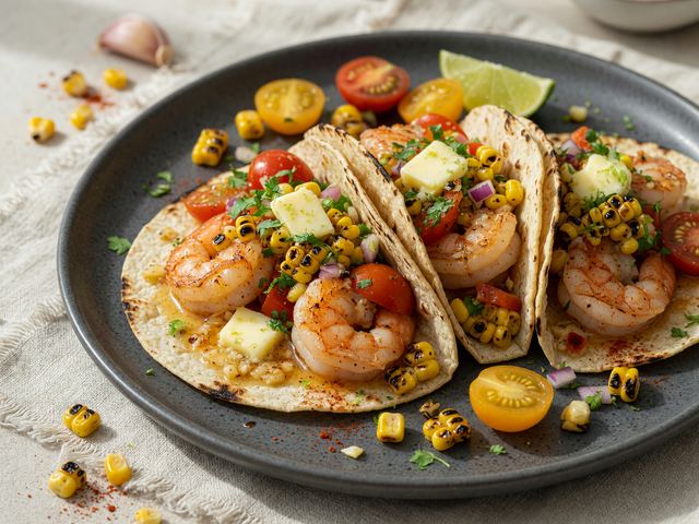 Garlic Butter Shrimp Tacos with Charred Corn Pico