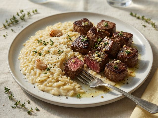 Garlic Butter Steak Bites with Creamy Parmesan Orzo