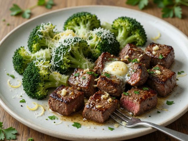 Garlic Butter Steak Bites with Lemon Parmesan Broccoli