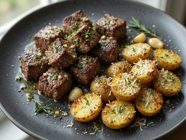 Garlic Butter Steak Bites with Parmesan Roasted Potatoes