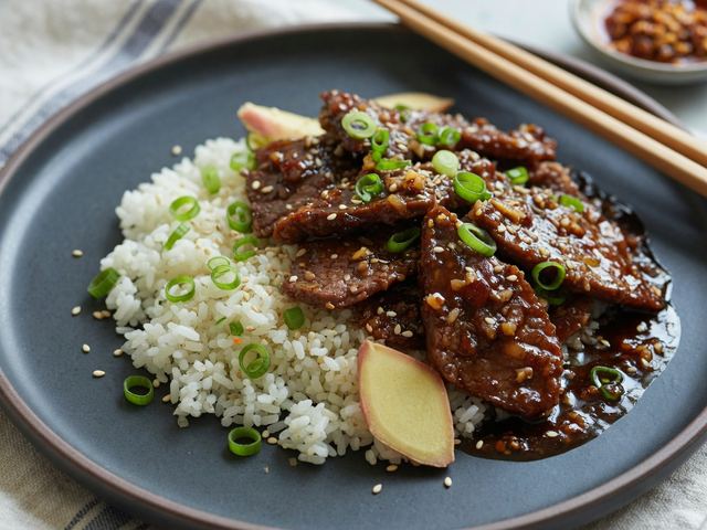 Garlic Ginger Mongolian Beef with Scallion Rice