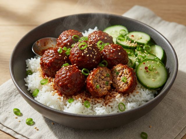 Gochujang Glazed Meatball Rice Bowls with Cucumber Salad