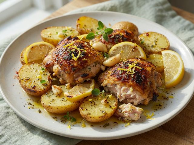 Greek Lemon Garlic Chicken and Potatoes Skillet