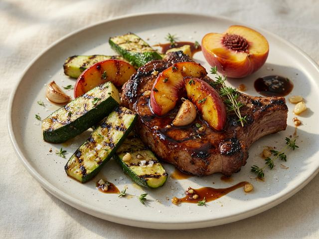 Grilled Peach Balsamic Pork Chops with Charred Zucchini
