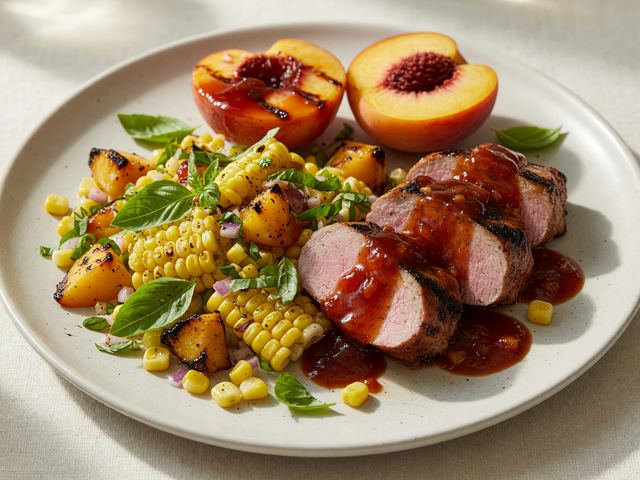 Grilled Peach BBQ Pork Tenderloin with Basil Corn Salad