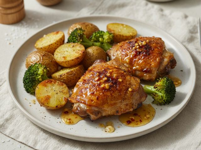 Hot Honey Butter Chicken Thighs with Crispy Potatoes