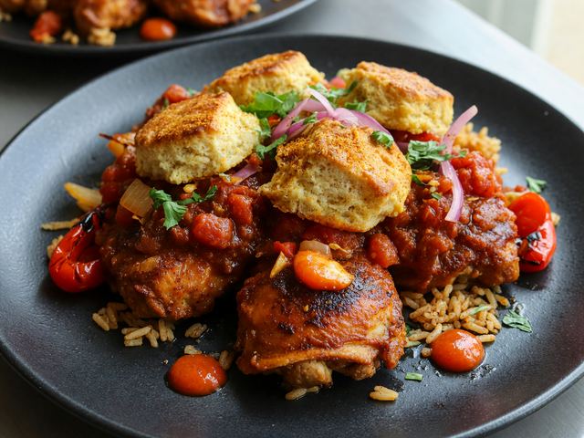 Jollof-Spiced Chicken and Biscuit Cobbler