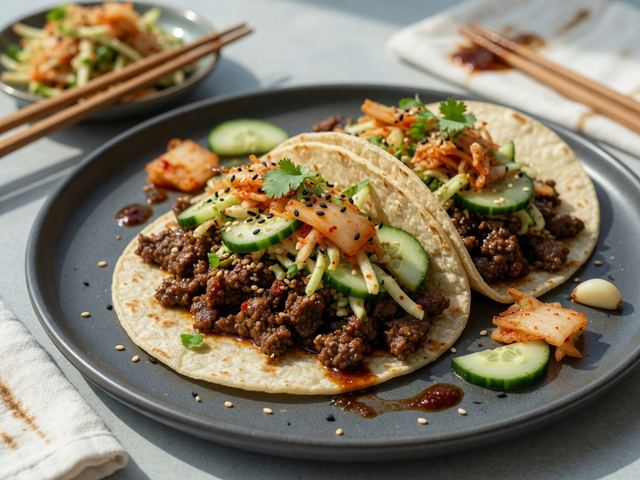 Korean BBQ Beef Tacos with Quick Cucumber-Kimchi Slaw