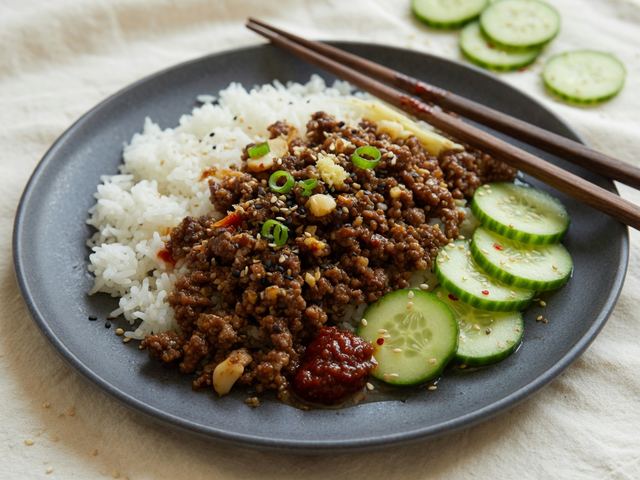 Korean-Style Ground Beef Bowls with Quick Pickled Cucumbers