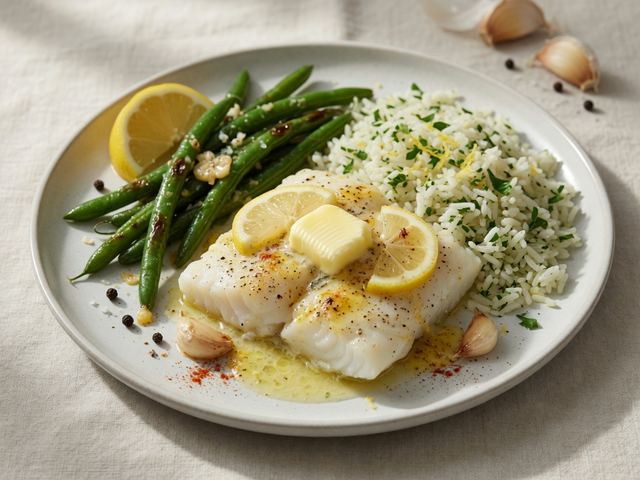Lemon Butter Baked Cod with Garlic Green Beans & Herbed Rice