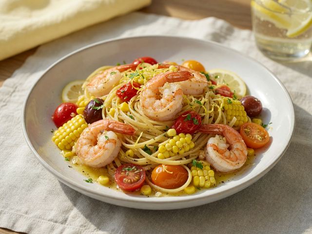 Lemon-Garlic Shrimp Pasta with Fresh Corn & Burst Tomatoes
