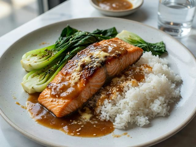 Miso Butter Salmon with Baby Bok Choy and Jasmine Rice