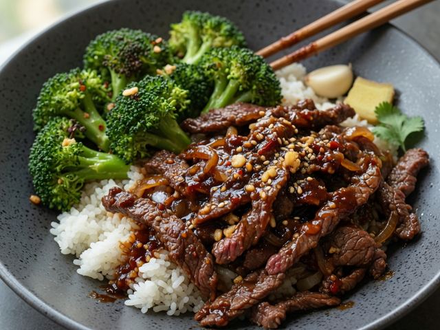 Mongolian Beef Bowls with Garlic Broccoli