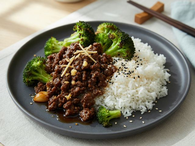 Mongolian Ground Beef Bowls with Broccoli and Rice
