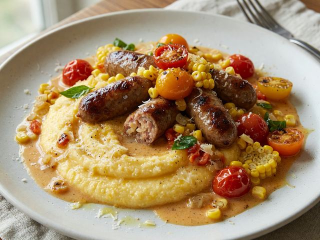 One-Pan Sausage & Creamy Polenta with Blistered Tomatoes and Corn