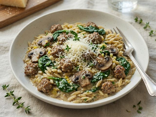 One-Pot Creamy Mushroom and Spinach Orzo with Italian Sausage