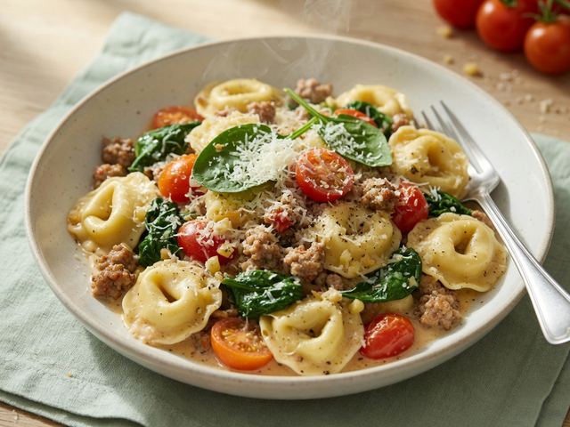 One-Pot Creamy Sausage Tortellini with Spinach & Tomatoes