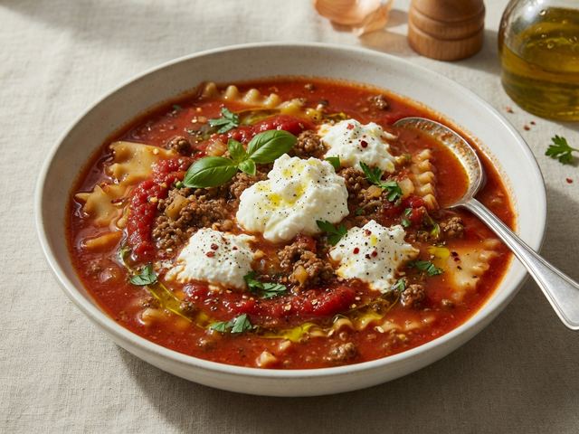 One-Pot Lasagna Soup with Ricotta Dollops