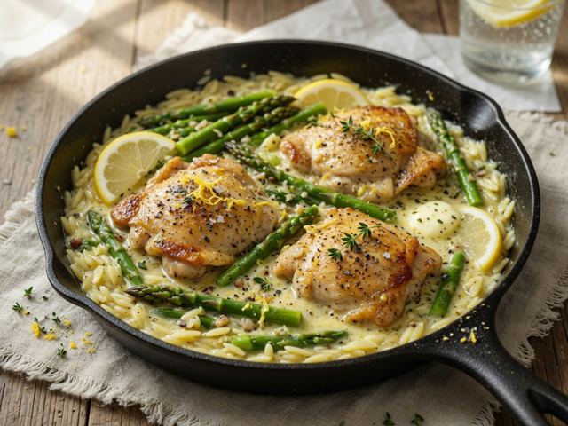 One-Skillet Creamy Lemon Chicken Orzo with Asparagus