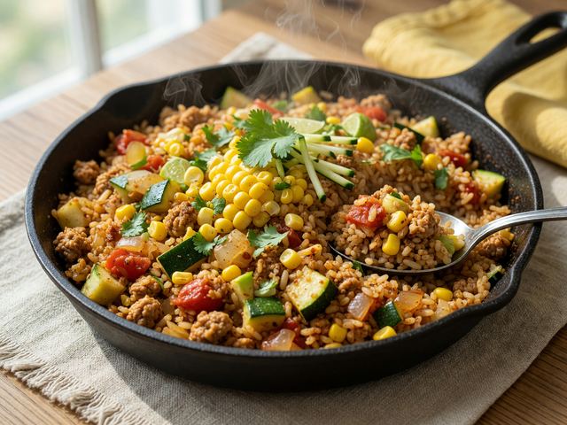 One-Skillet Turkey & Zucchini Taco Rice with Fresh Corn