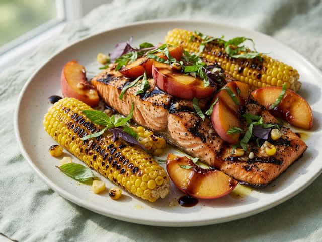 Peach-Basil Grilled Salmon with Charred Sweet Corn