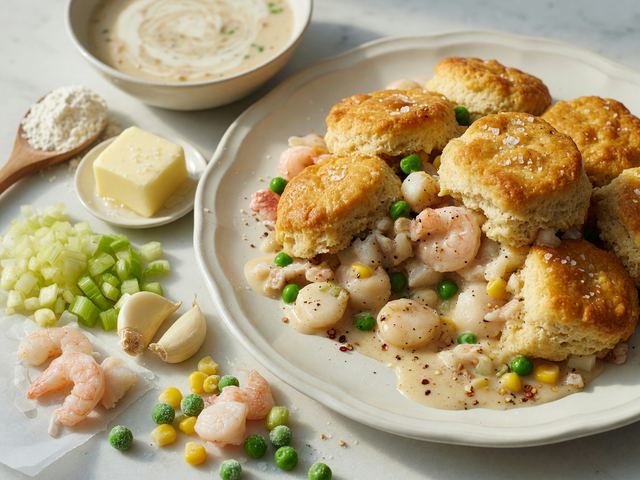 Seafood Dump Cobbler with Biscuit Top