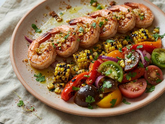 Sheet-Pan Chili-Garlic Shrimp with Corn, Peppers & Heirloom Tomato Salad