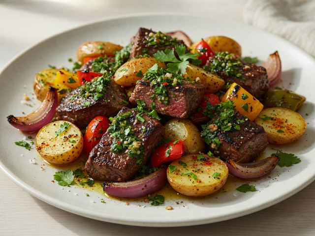 sheet-pan chimichurri steak tips with potatoes & peppers
